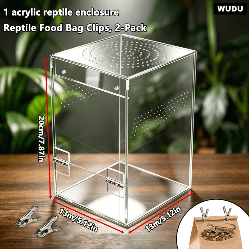 TEMU 3pcs Set - 1 + 2 Reptile Food Bag Clips, Multi-functional Acrylic Reptile Terrarium, Breathable, Ventilated, Escape-proof Reptile Habitat,