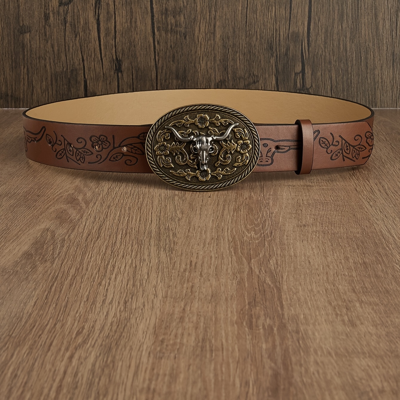 TEMU 1pc Women's Novelty Buckle Personalized Embossed Cow Straight Waist Belt, Very Casual, Retro Fashionable And Practical, Suitable For Matching