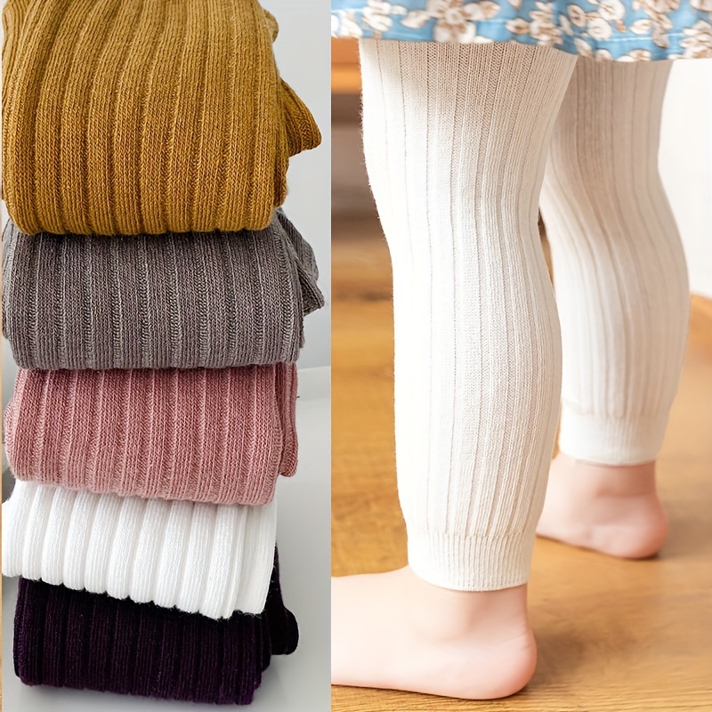 

5-pack Cotton Knit Tights For Children, Solid Color Stretchy Leggings, Breathable Comfortable Warm Tights For 0-4 Years, Fall/