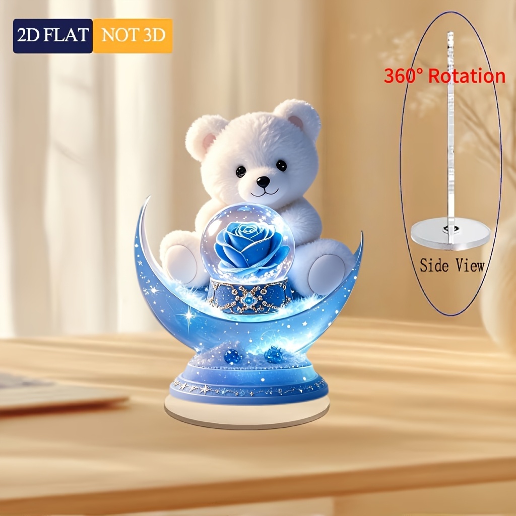 TEMU 2d Flat, 1pc Transparent Acrylic Rotating Bear On Moon Desk Ornament - 360° Spinning Top With Suitable For Indoor/outdoor Decoration, Tabletop