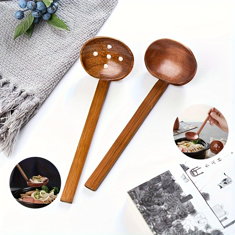 1pc wooden soup ladle spoon with long bamboo handle handcrafted cooking kitchen utensil for food contact strainer hot pot spoon with holes details 0