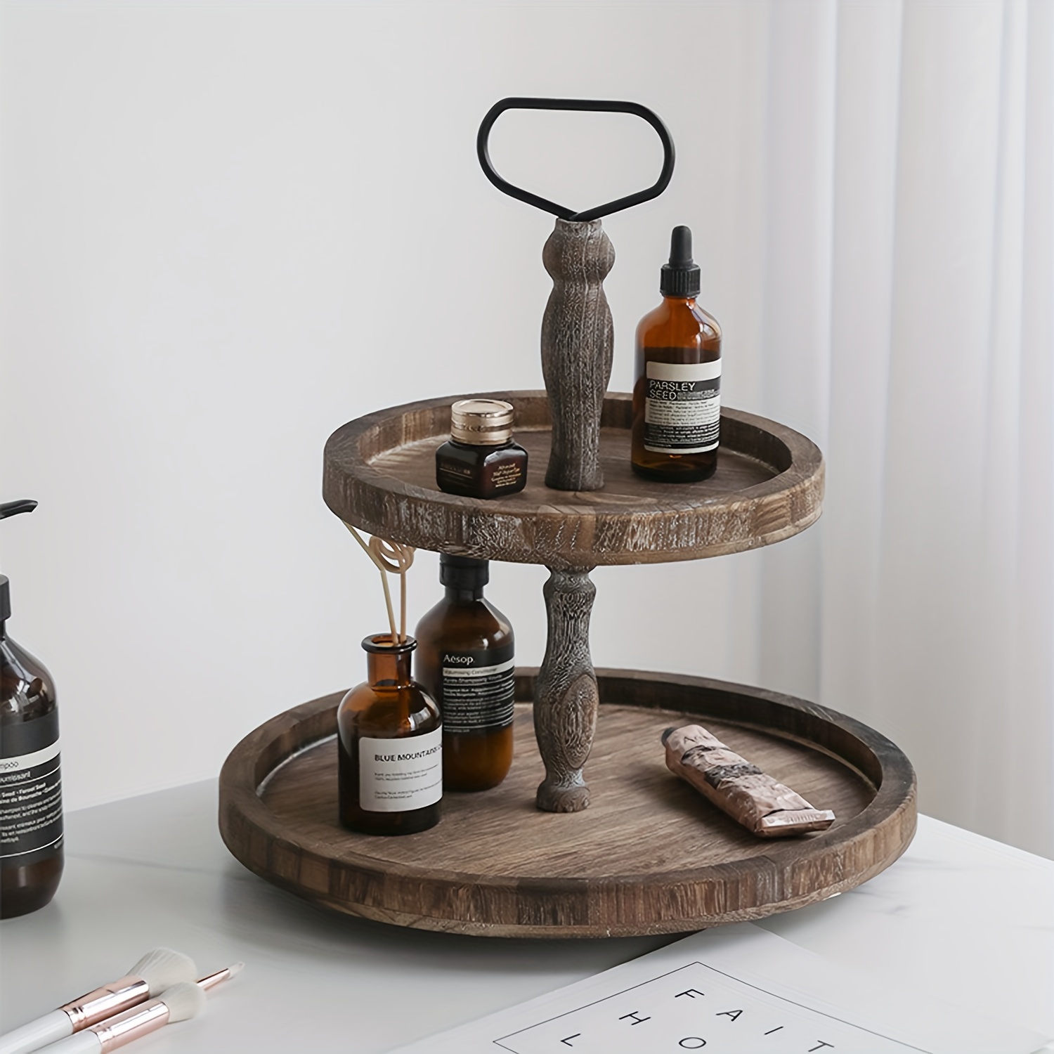 TEMU 1pc/2 Tiered Tray No Paint Picnic Tray Wooden Farmhouse Vintage Serving Tray Stand
