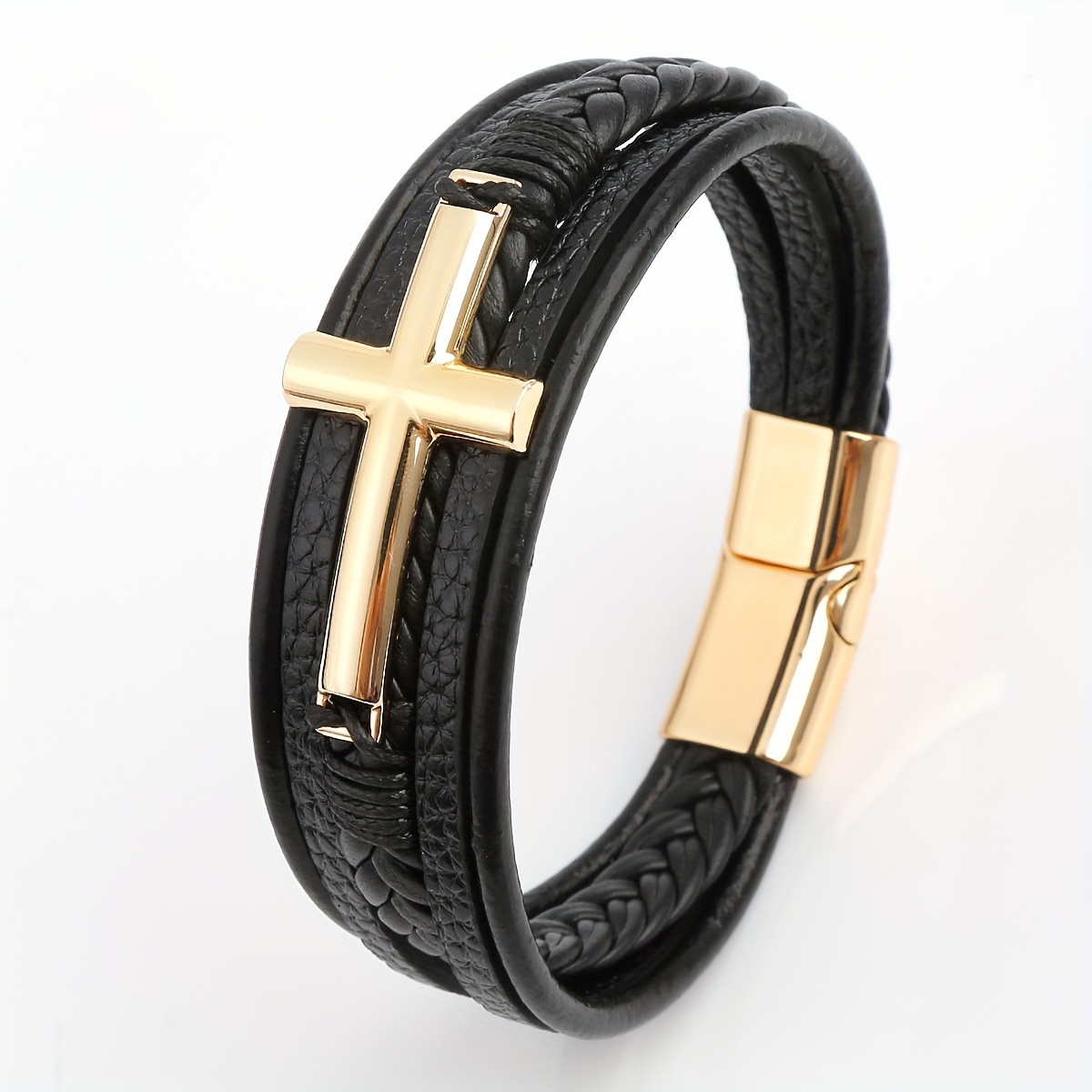 Image of 1pc Fashion Vintage Cross Accessory Braided Magnetic Clasp Bracelet For Men' Wear