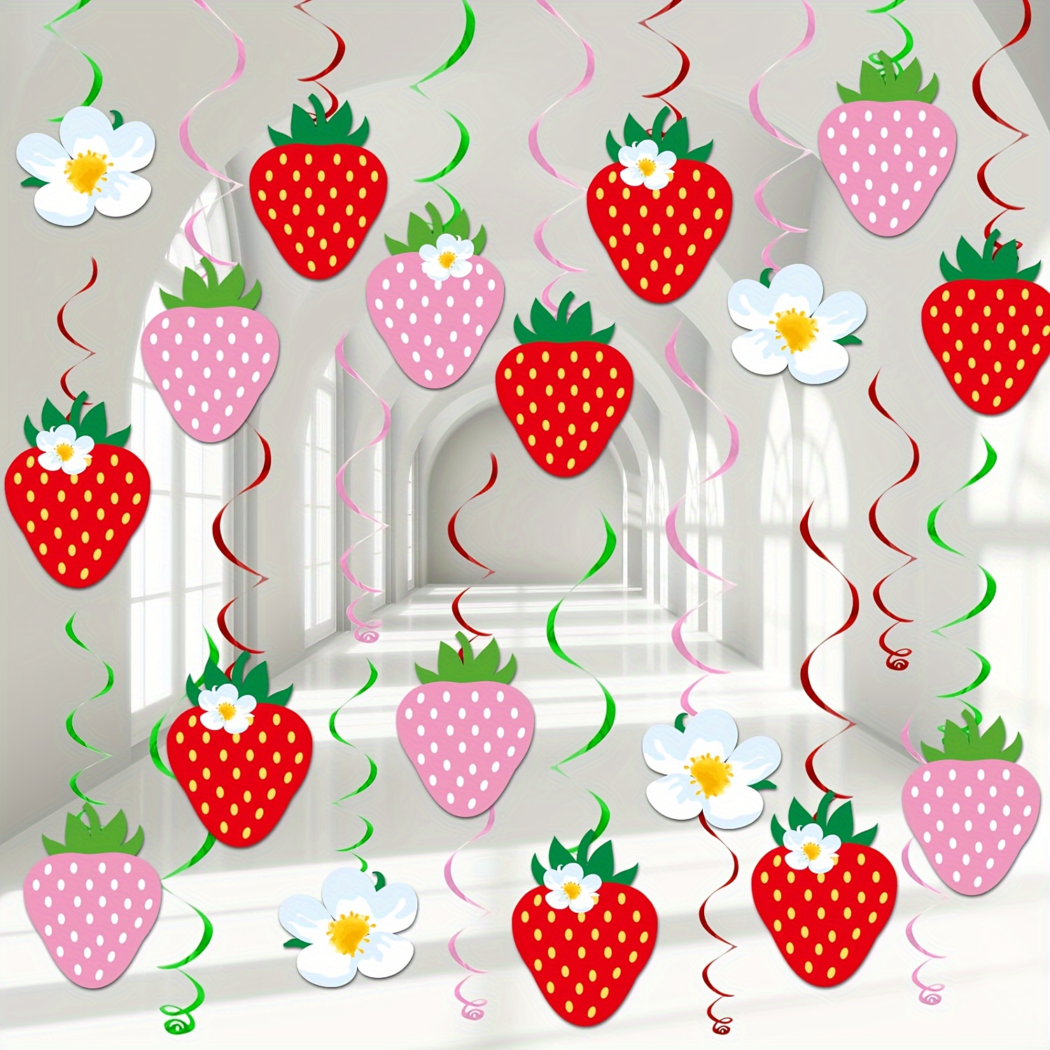 

32 Pcs Strawberry Themed Party Hanging Swirl Decorations - Double-sided Paper Streamers For Ceiling - Perfect For Kids & Girls Birthday, Baby Shower, And First Birthday Party Supplies - Ages 12+