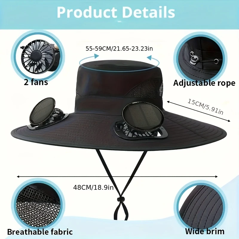 solar fan cap uv resistant outdoor wide brimmed fishermans cap with 2 180 adjustable fans upf50 usb and solar powered suitable for beach camping outdoor fishing without battery details 5