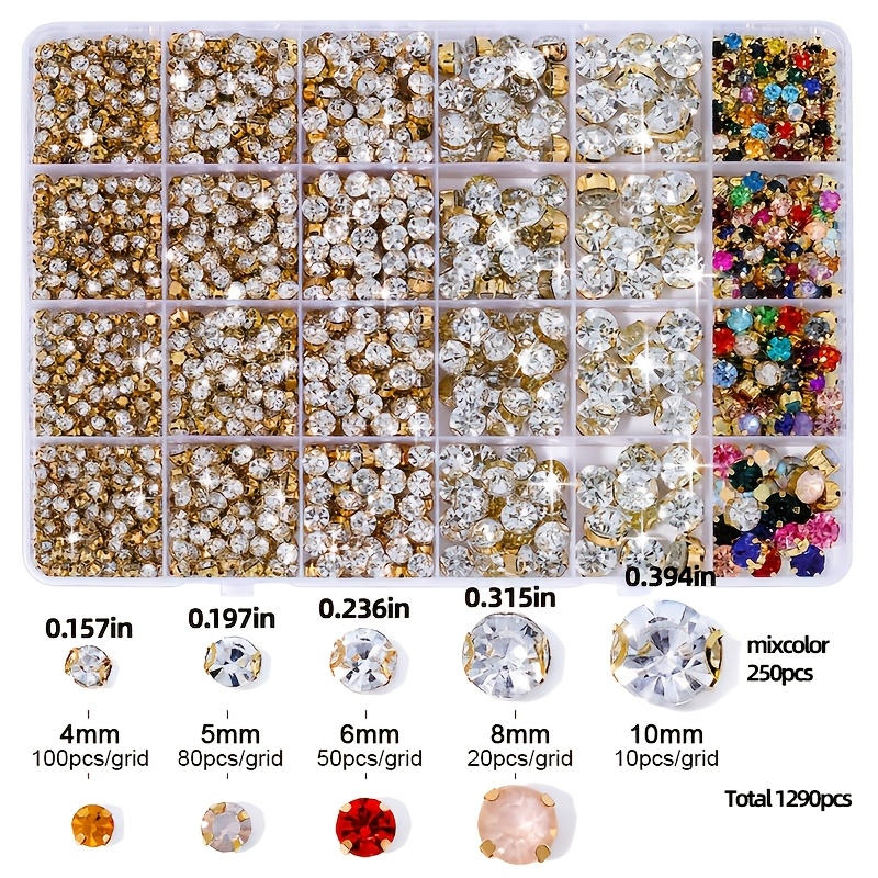 TEMU 1290pcs/ Box 4/ 5/ 6/ 8/ 10mm Mixed Size&color Sew On Claw Rhinestones Set For Garment Bags Shoes Christmas Halloween Diy Crafts