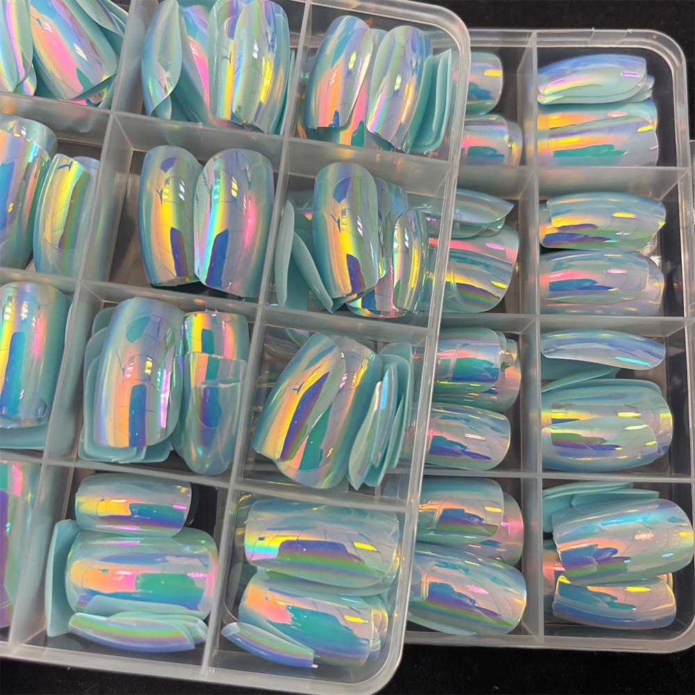 TEMU Iridescent Laser Medium Coffin Press On Nails, 12 Grids Full Cover False Nail Tips, Light Blue Aurora Pre-shaped Fake Nails For Salon & Home Use