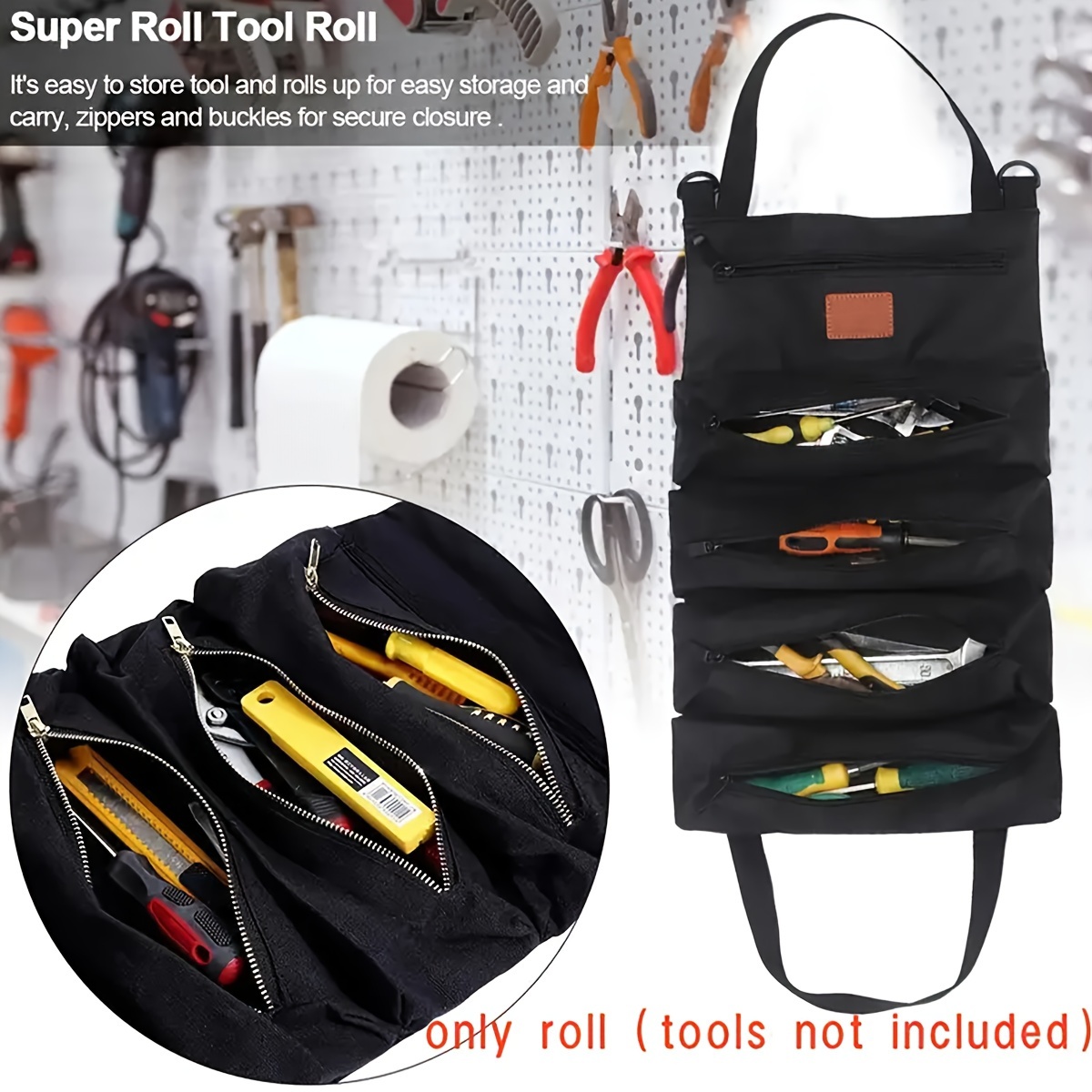 

1 Pc Tool Roll Organizer, Wrench Roll Up Pouch Bag With 5 Zipper Pockets Canvas Tool Roll, 16 Oz Canvas Wrench Tool Organizer For Electrician
