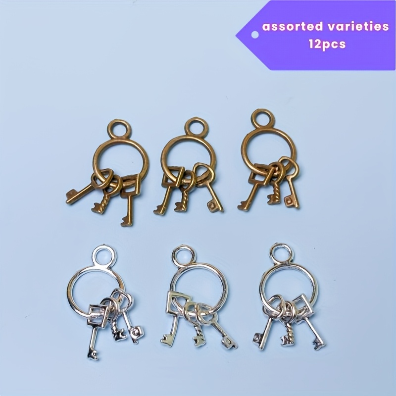Image of 12pcs Random Mixed Color Retro Mini Pendant Set, Alloy Geometric Pattern Key, Suitable For Jewelry Making, Earrings, Necklaces, Purse Charms And Phone Additions Personalized Theme