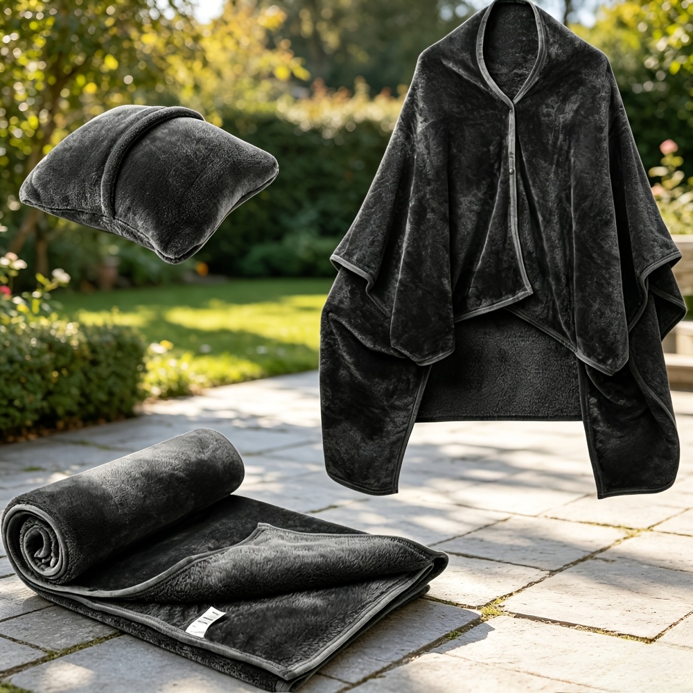 TEMU Versatile Wearable Cape Blanket With Sleeves - 2-in-1 Foldable Flannel Shawl & Travel Pillow, Perfect For Office, Home, And Airplane Trips