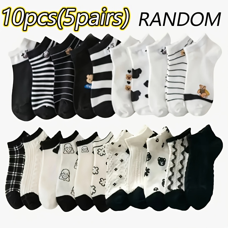 TEMU 10pcs 5-pair Pack Women's Random Summer Breathable Ankle Socks - Lightweight , Featuring Cute Cartoon , Heart And Geometric Patterns, Stripes,
