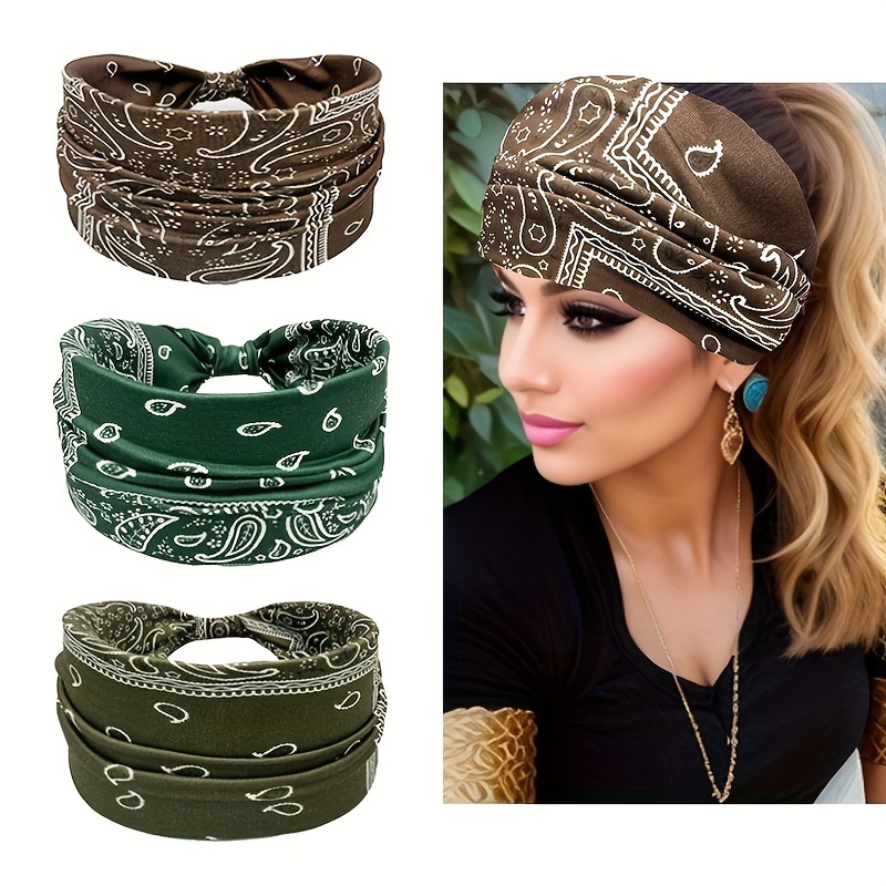 

3-piece Boho Chic Paisley Knotted Headbands For Women - Elastic, Wide Cotton Blend Hair Bands For Yoga, Running & Sports