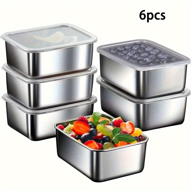 

6pcs Stainless Steel Food Storage Set With - Dishwasher Safe, Square Containers For Fruits & Vegetables, Fridge Organization And Meal Prep