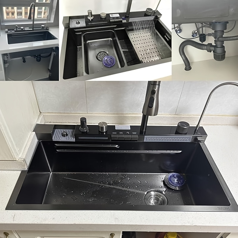 Image of Double Waterfall Kitchen Sink With Led Display, Equipped With Cup Washer, Soap Dispenser, Waterfall Faucet, Countertop Controller, Etc. Workstation Kitchen Sink
