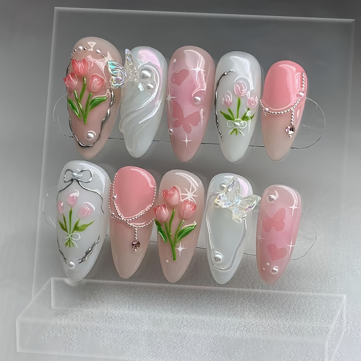 

10-piece Y2k Inspired Handcrafted Nail Forms Set - , Pink Tone, Drop Shape, Medium Length, 3d Pattern, , Floral & Plant Design With Pearl Accents For Women', Parties, Dates, Vacations