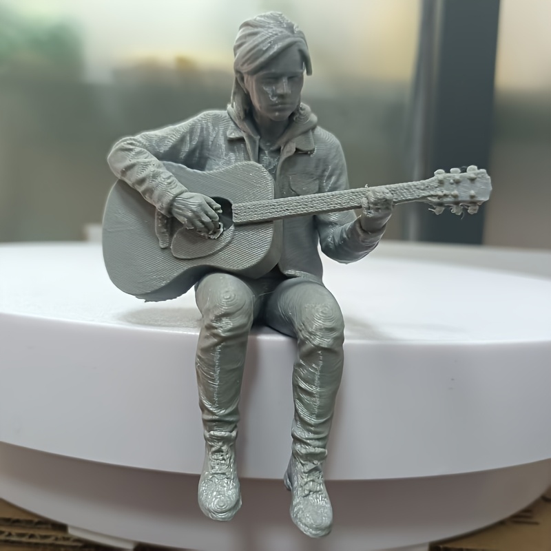 TEMU Narrative Art Sculpture: Girl Sitting Cross-legged Of A Wooden Cabinet Shelf Legs Dangling, Serenely Playing An Acoustic Guitar. This Art Piece