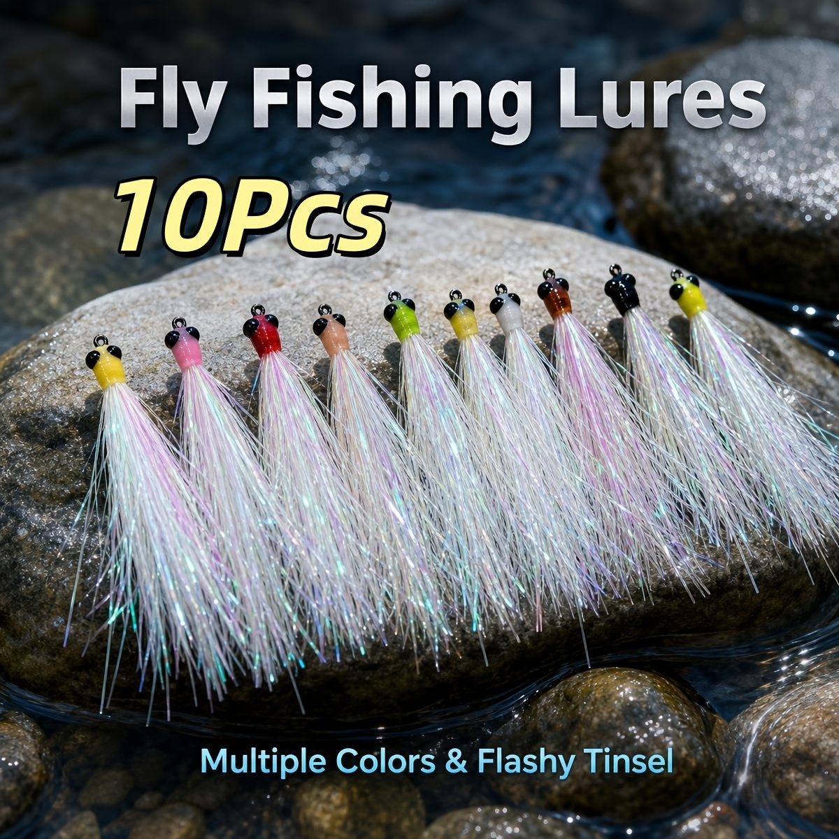 TEMU Flash Tinsel Fly Fishing Lures, 10pcs Trout Jig Head Fishing Flies, Colorful Artificial Bait Reflective Streamer Fly Lures For Freshwater