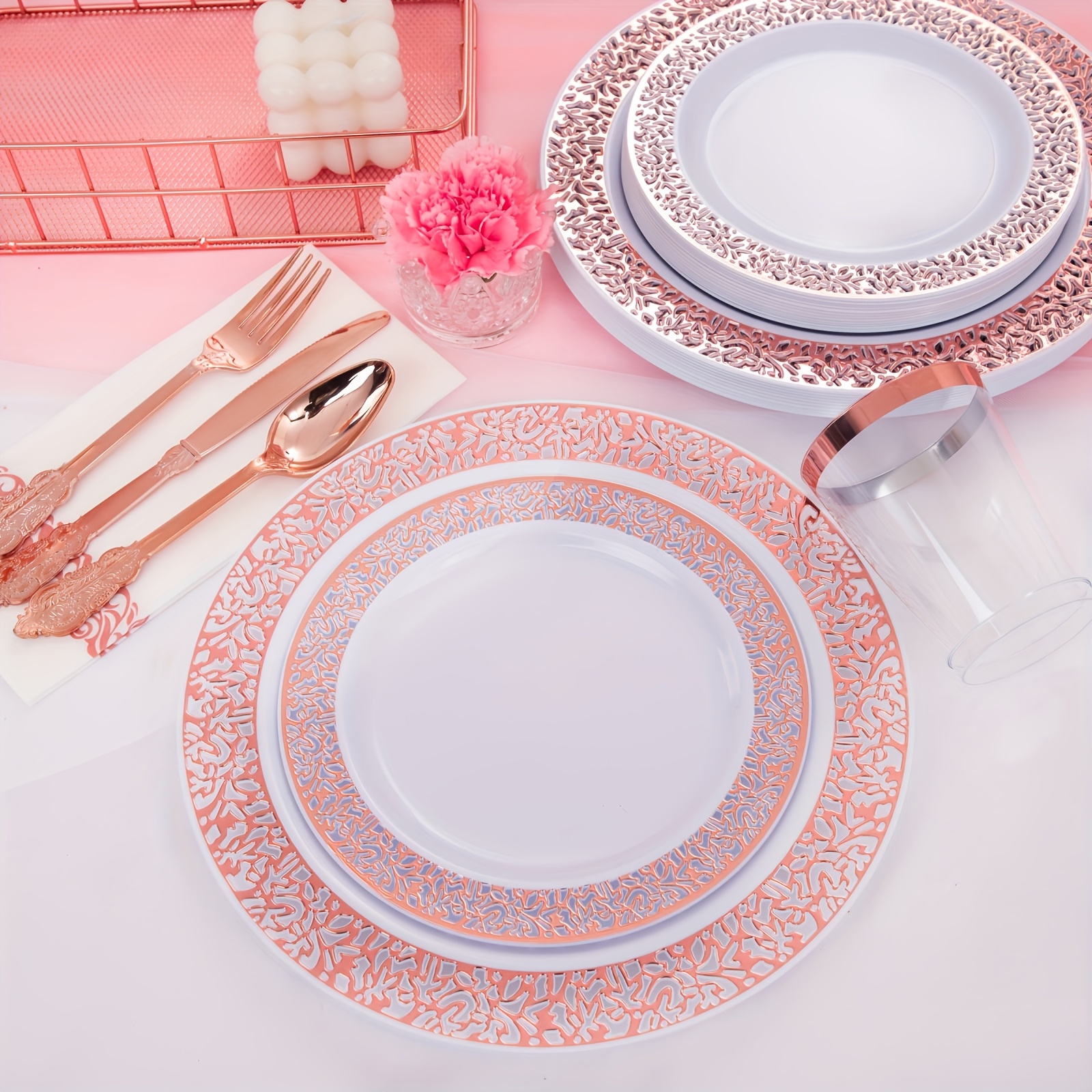 350pcs rose gold plastic tableware set for 50 guests rose gold edge lace design including 50 dinner plates 50 dessert plates 50 forks 50 knives 50 spoons 50 cups 50 napkins suitable for parties weddings easter mothers day and daily use details 7