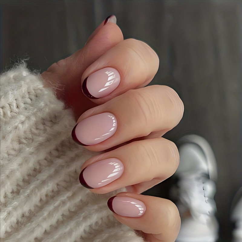 24pcs Self-adhesive Short Oval Shape Press On Nails French Full Cover Nails Minimalist Style Suitable For Daily Wear And Party Use By Women And