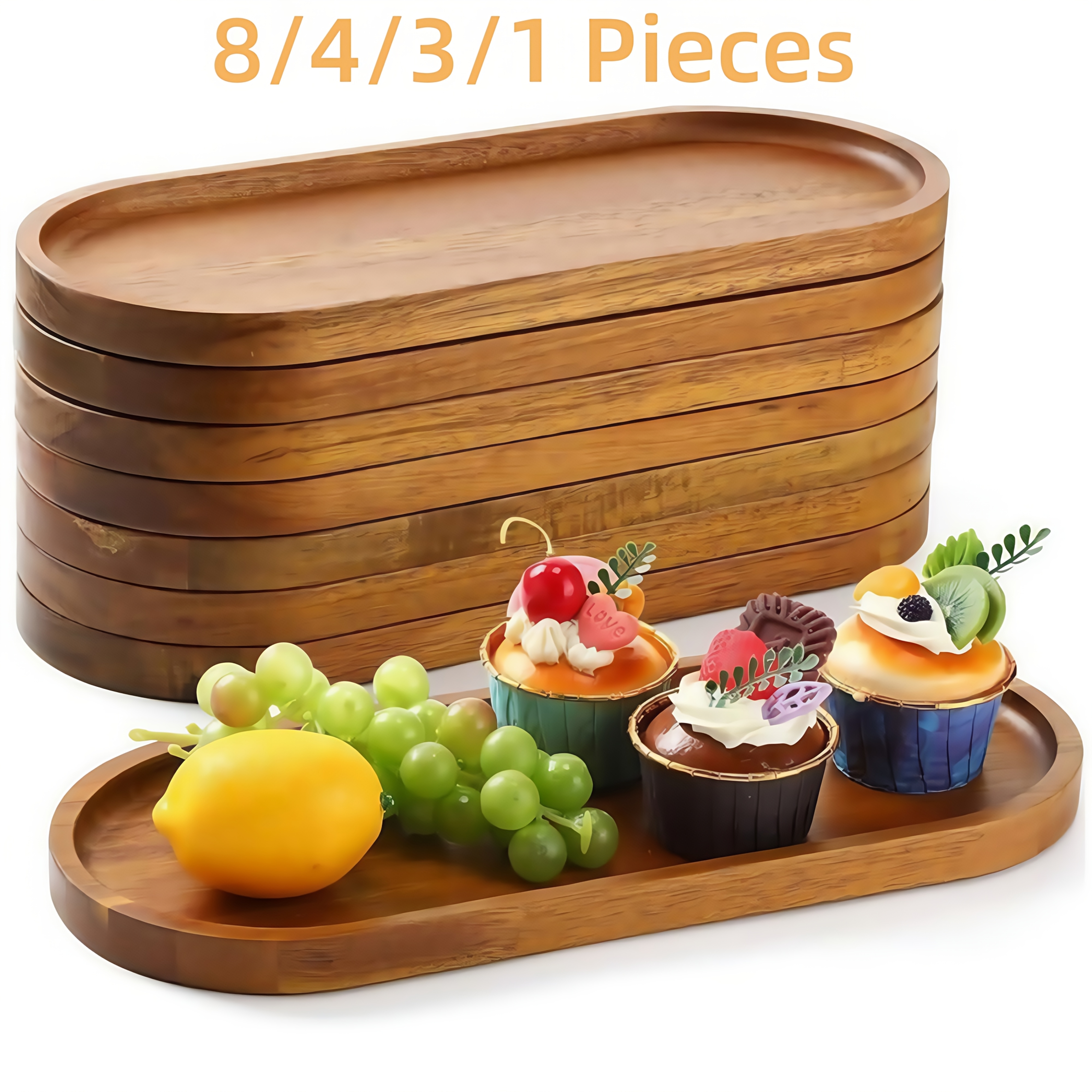 8/4/3/1pc Wood Serving Trays 12x4in Charcuterie Boards Oval Wooden Plates  Wood Serving Platter Cheese Dinner Plates Bulk for Dessert Snack