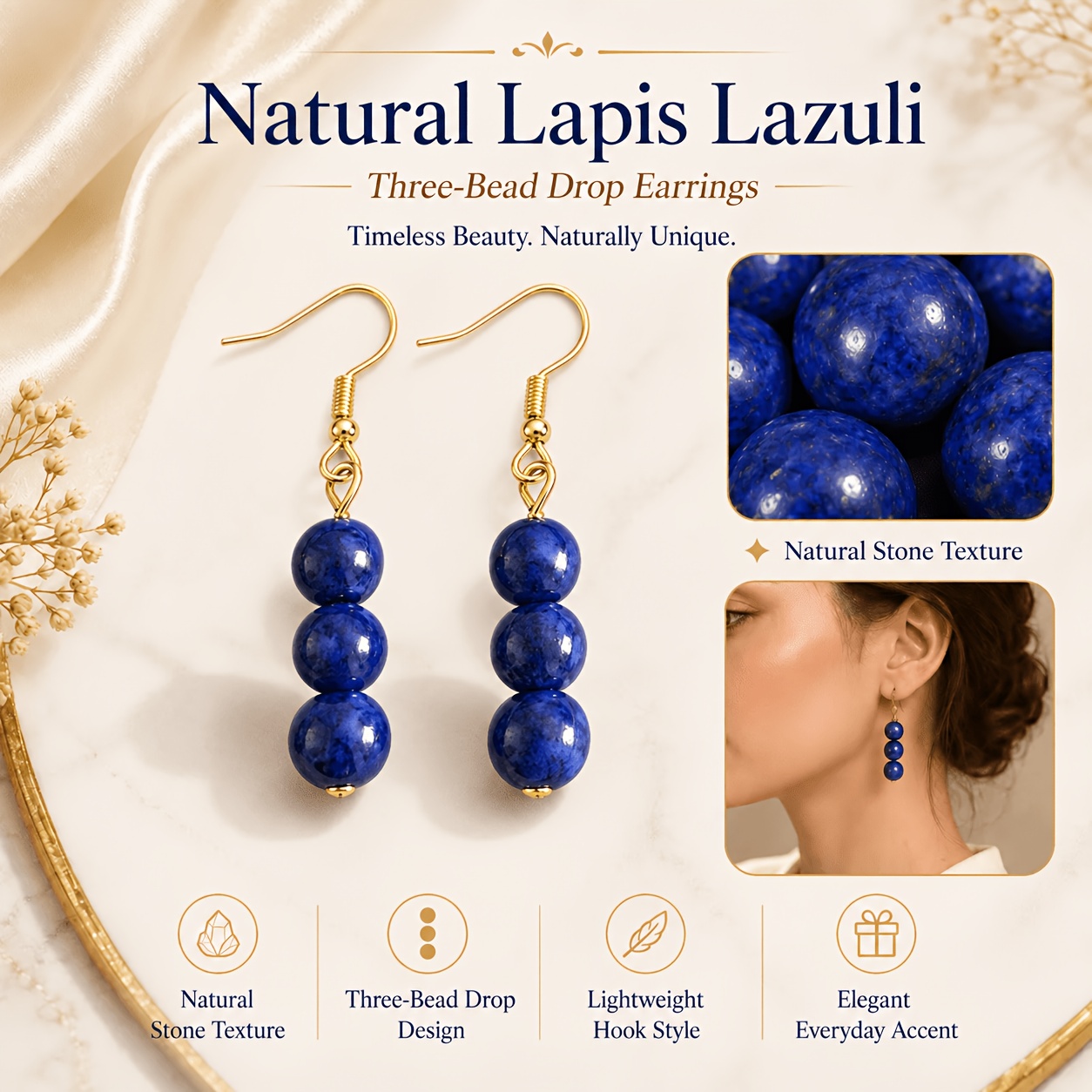 TEMU Boucles d'oreilles longues pendantes à trois perles en lapis- naturel, boucles d'oreilles vintage pour femme, couleur or rose, pour , de luxe