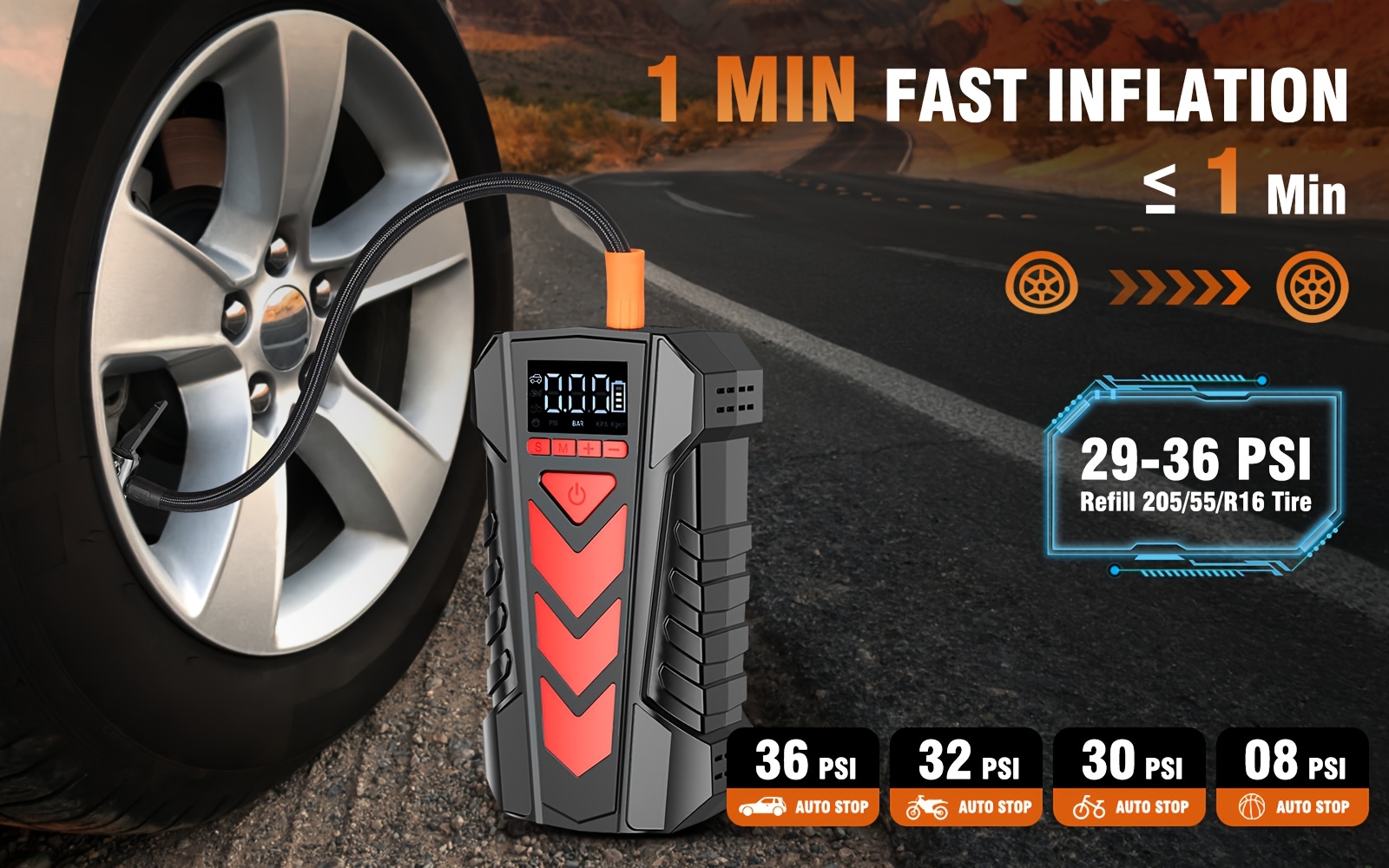     jump starter with   clamps &   -   9.0l/8.0 /  truck/suv/rv charger, 150psi cordless inflator, 3-mode led, 12v usb charger, 40°c  , portable &  , vehicle starting solution,   construction Product details 5