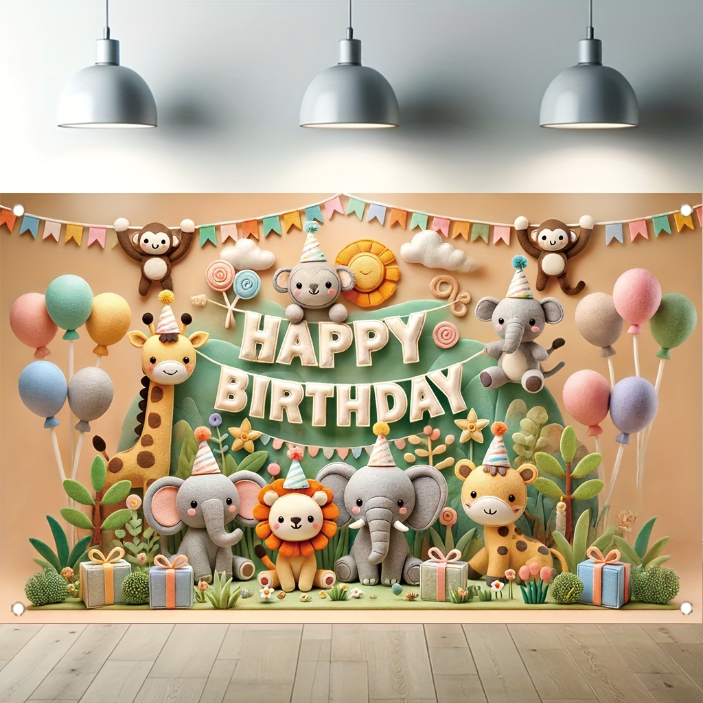 

Polyester Happy Birthday Banner With Jungle Animals - 1pc, 71x43 Inch, Durable Outdoor & Indoor Party Decoration, Festive Forest Animal Theme, No Power Needed, Versatile Occasion Garden Decor