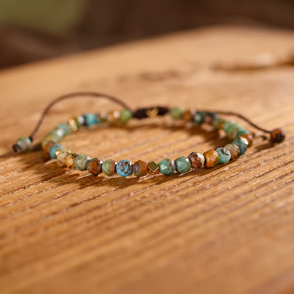 

Boho-chic Adjustable Beaded Bracelet For Women - 4mm Faceted Turquoise, Vintage Style, Perfect For Everyday & Vacation Wear