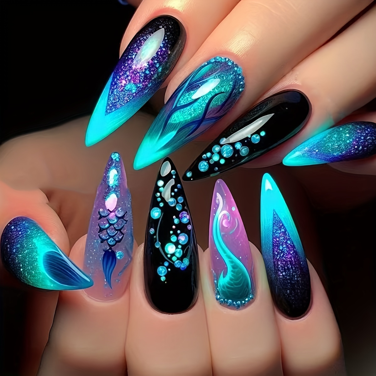 

24pcs Elegant Shaped Long Press-on Nails, Ocean Theme, With And Patterns, Removable Nail Art Set, In Shades With