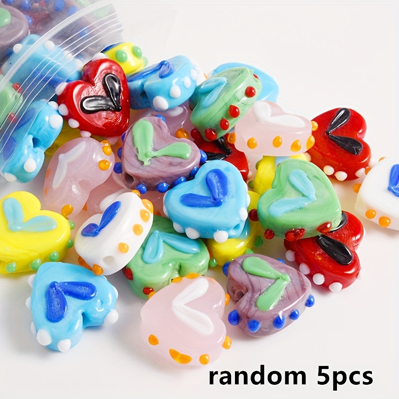 TEMU 5/10/20pcs Hand- Heart Glass Beads, Random Colors , Random Patterns, Cute Polka Dot Love Heart Glass Beads Suitable For Necklaces, Bracelets,