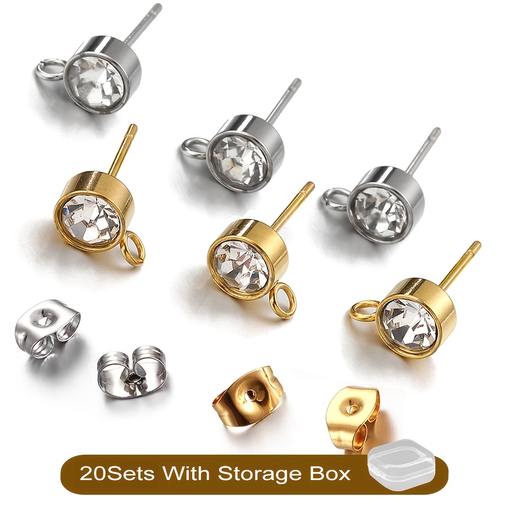 TEMU 10sets/20sets Rhinestone Stainless Steel Earring Posts Golden Beads Ear Studs With 2mm Horizontal Loops And Backs For Jewelry Making