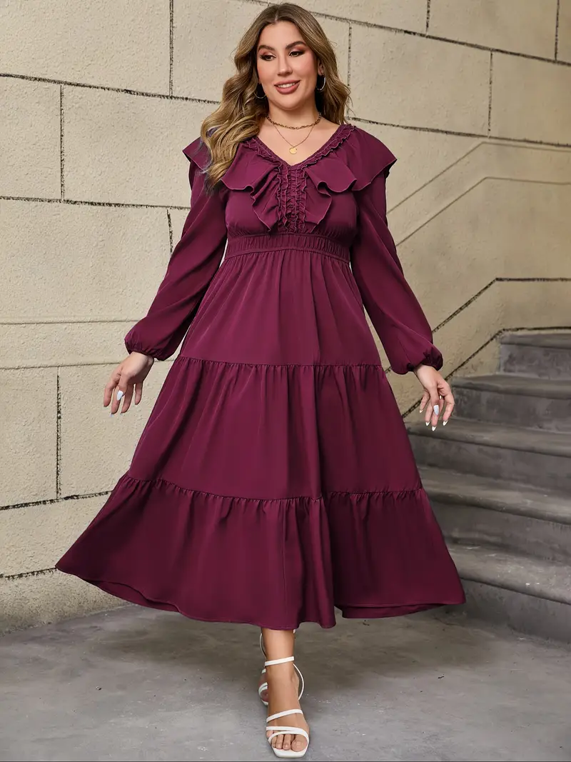 elegant plus size v neck maxi dress ruffle details long - Temu elegant plus size v neck maxi dress ruffle details long - Temu