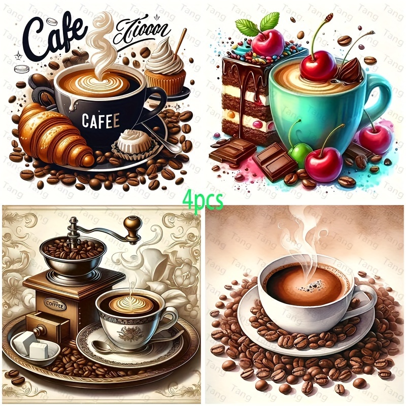 Image of Coffee Lover Dwarf Diamond Art Painting Set: 4 Pieces Of Full Round Diamond Art, Decorative Wall Art For Home Decoration, Valentine's Day Gifts, And Food Themed Diamond Painting Kits
