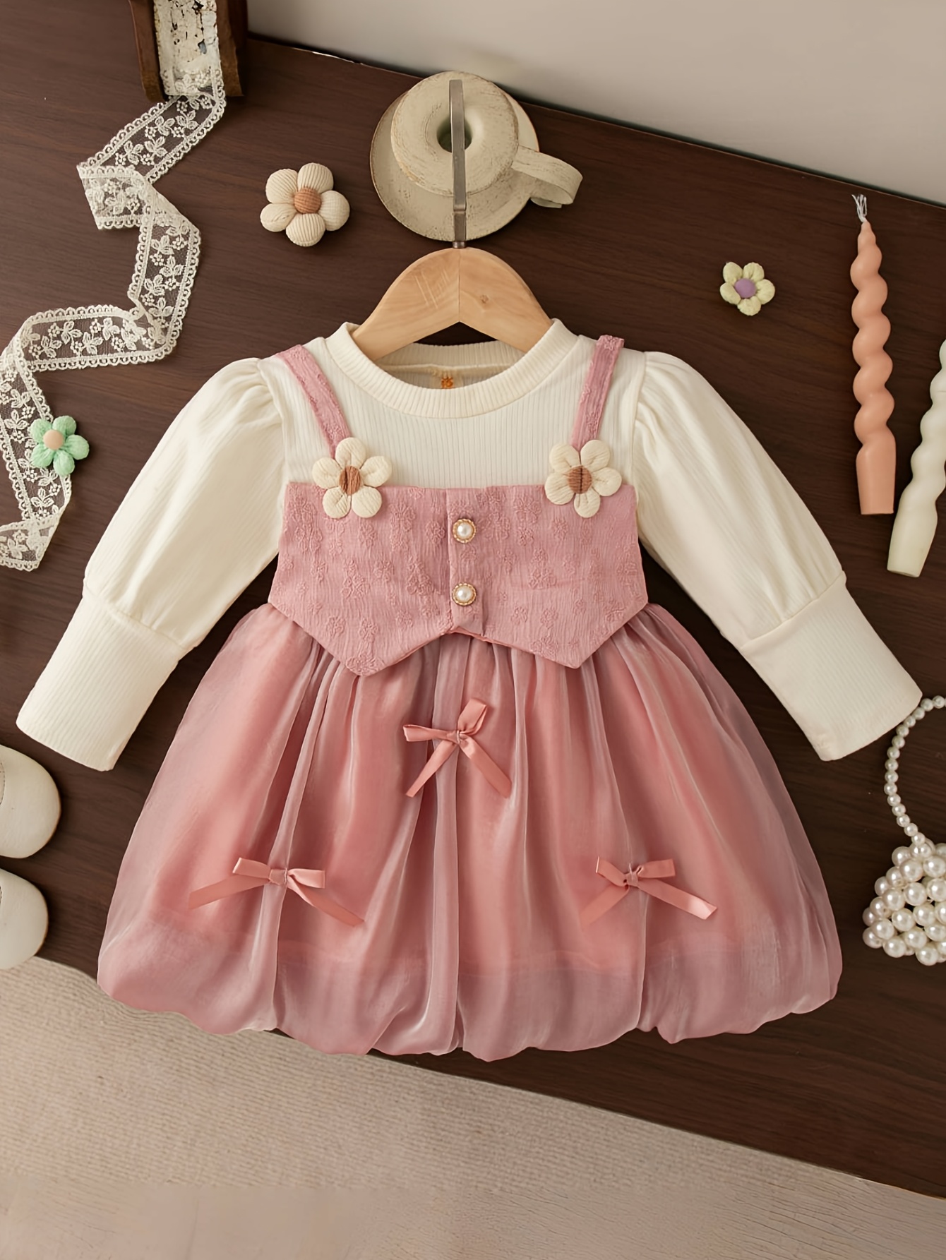 new   for baby girls featuring a faux two piece long sleeve dress with a flower bud design floral embroidery   color and a bow tie button   wedding flower girls Product details 0