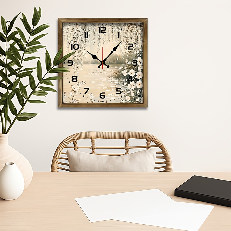 TEMU 1pc 11.8 Inch, Square Wooden Frame, Silent Flat Clock - Seagull Watercolor Oil Painting Theme - Batteries Not Included - Ideal For Living Room,