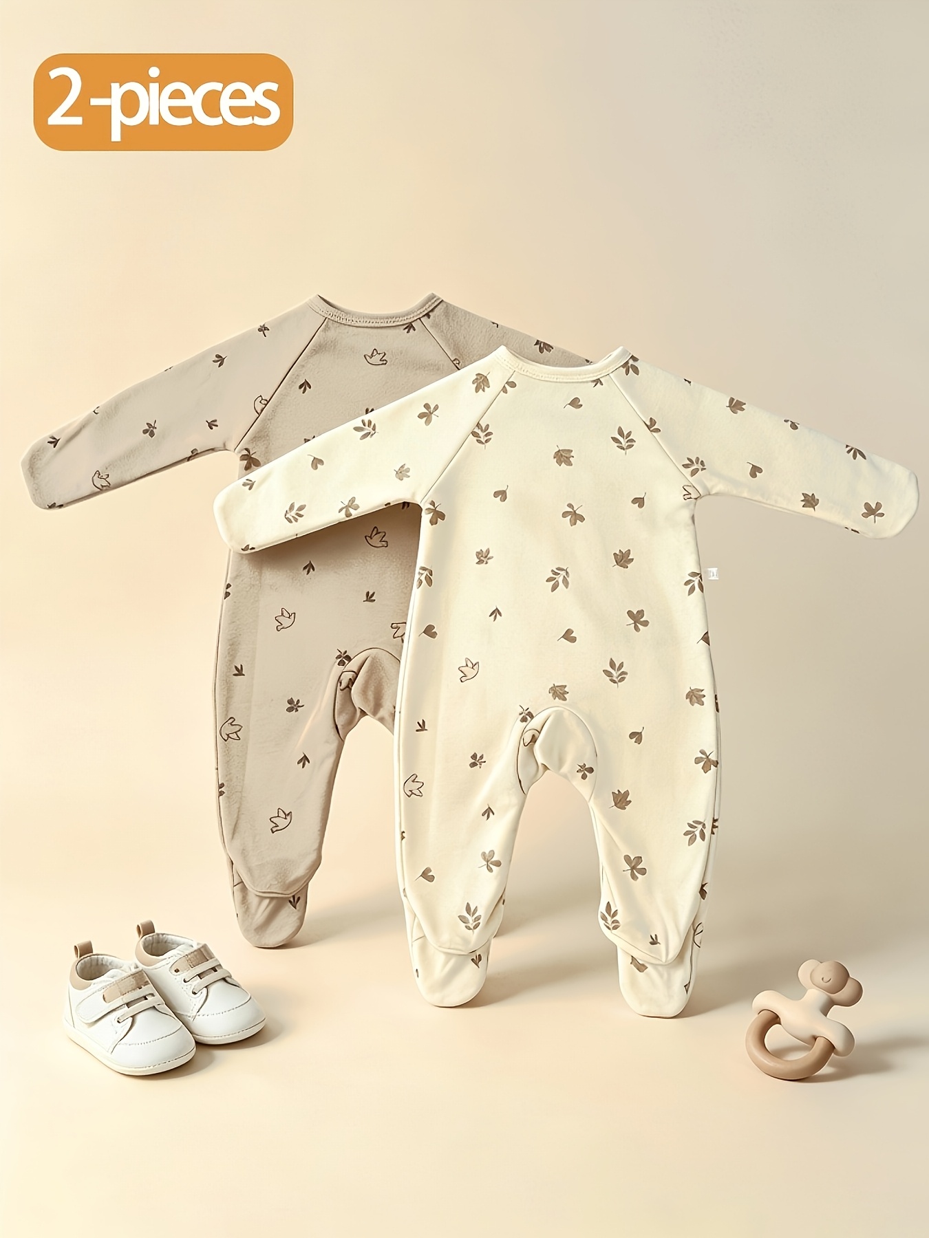 2pcs Baby Jumpsuit Set with Leaf and Bird Pattern