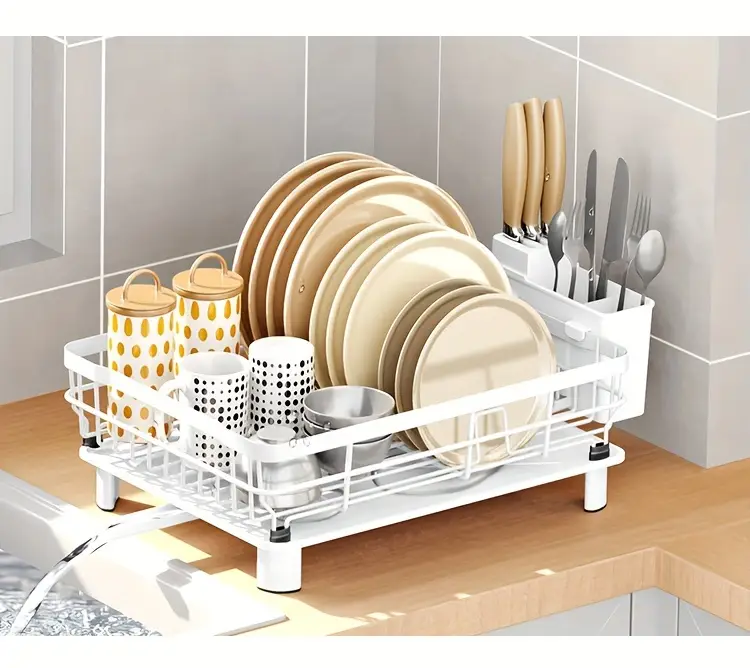 dish drying rack single layer dish drain rack large dish rack with dish drainer with utensil holder for sink convenient for storing plates bowls cups knives and spoons Product details 6