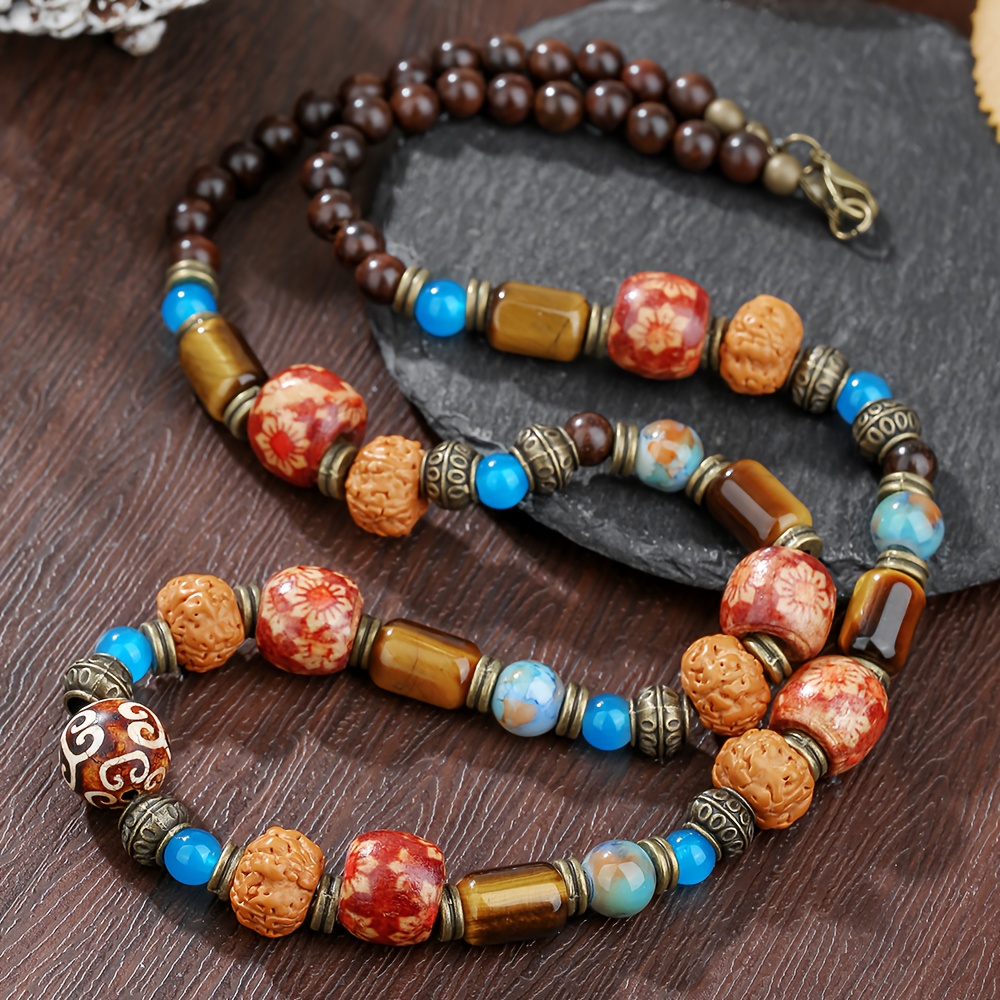 Image of Men's Vintage Tribal Beaded Natural Stone Necklace, Ancient Style Fashion Accessory, Jewelry Gift For Men