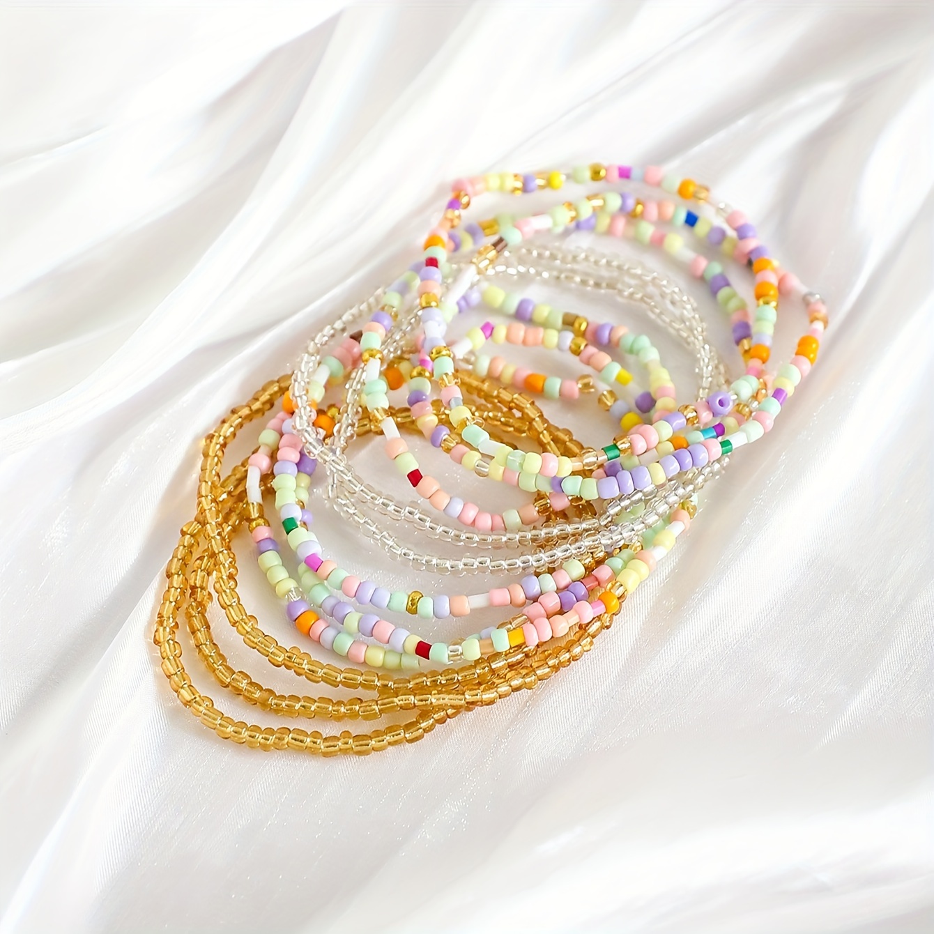 11pcs Glass Material Rice Beads Elastic Rope Bracelet Set
