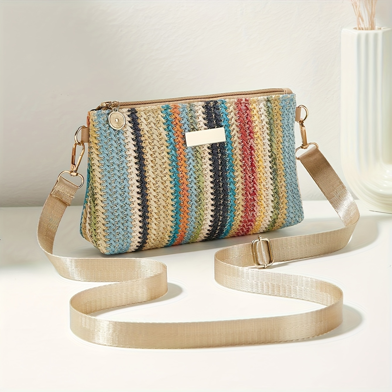 TEMU bolso cruzado tejido colorido para mujer, estilo casual de moda vintage, con decoración de lentejuelas de metal, bolso de con correa ajustable,