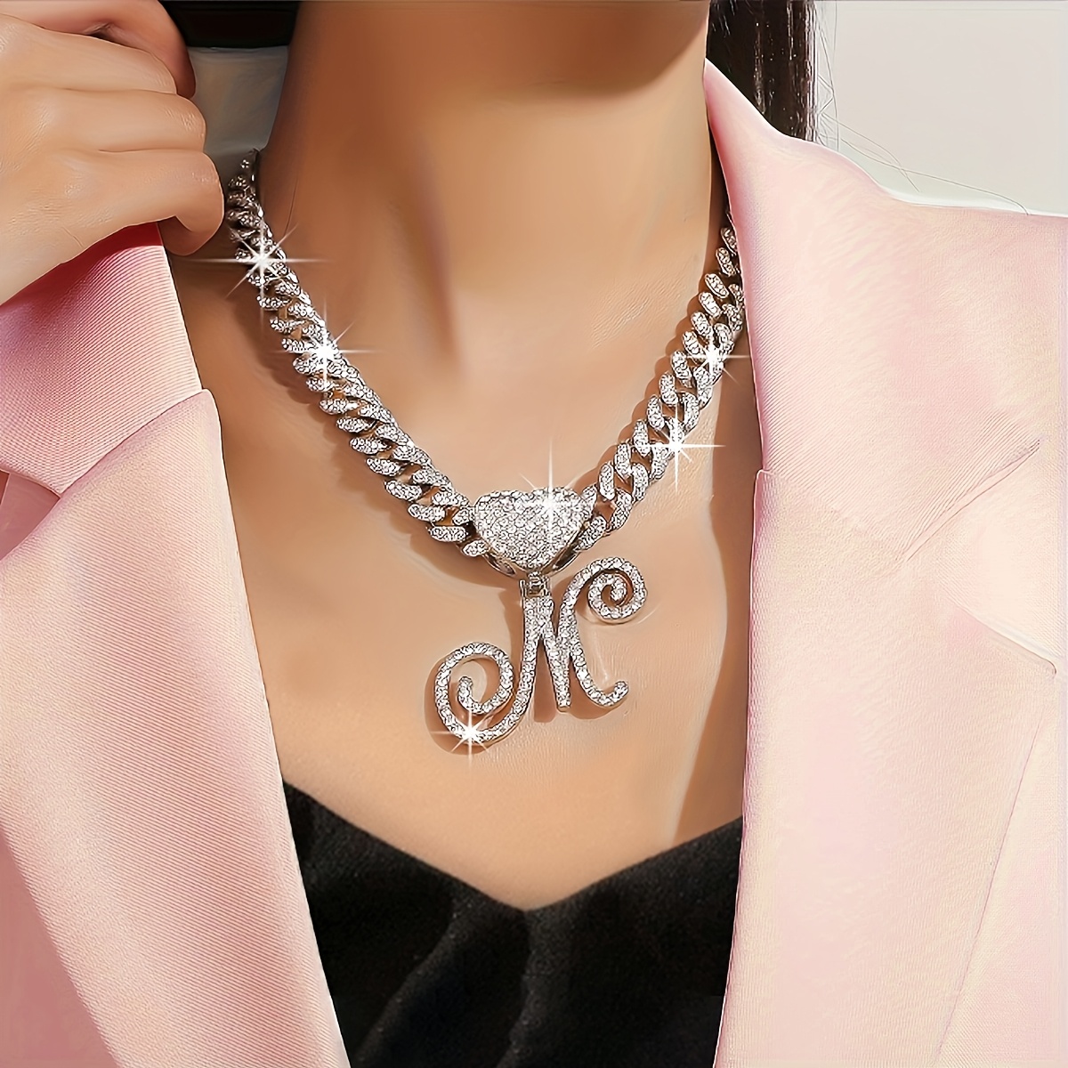 

1pc Zinc Alloy Hip Hop Style Custom Letter Pendant Necklace With Heart And Cuban Chain For Women - No Plating, Ideal For & Gifting, Day Suitable