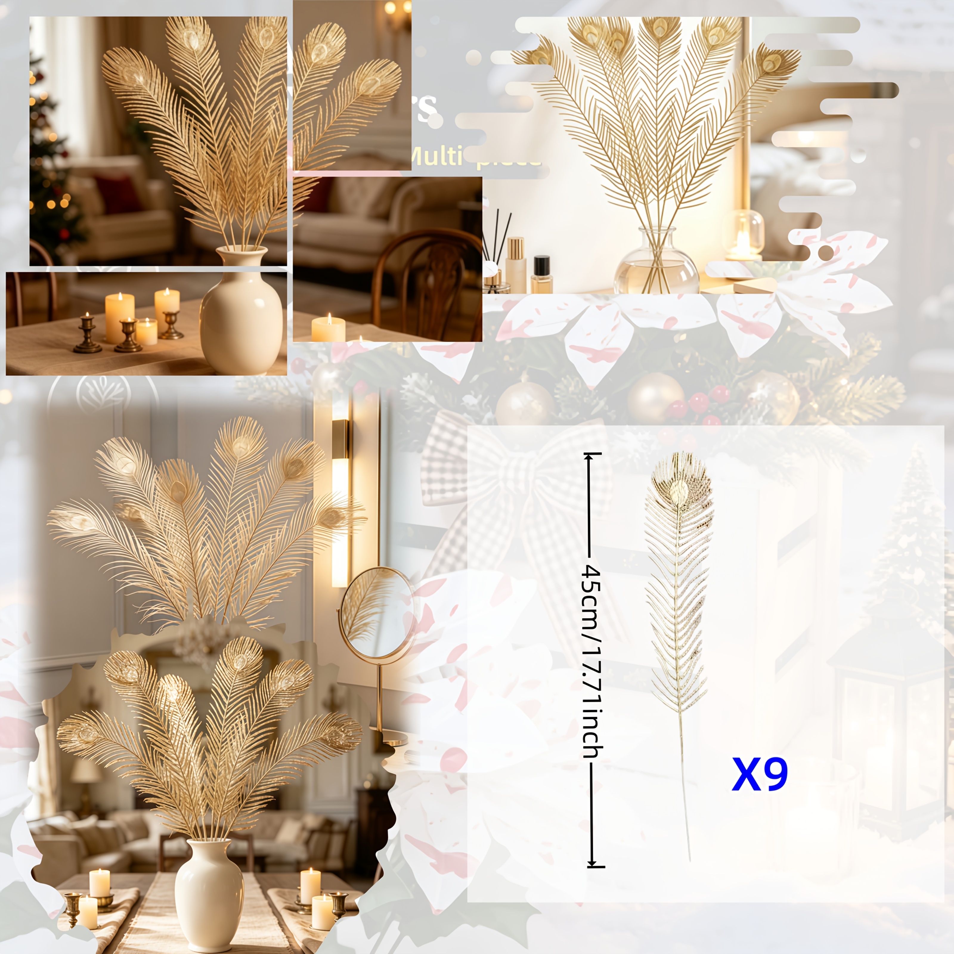 TEMU Ensemble de 9 pièces de branche florale de luxe léger avec plumes de -coq dorées artificielles, ornement décoratif de Noël pour table et