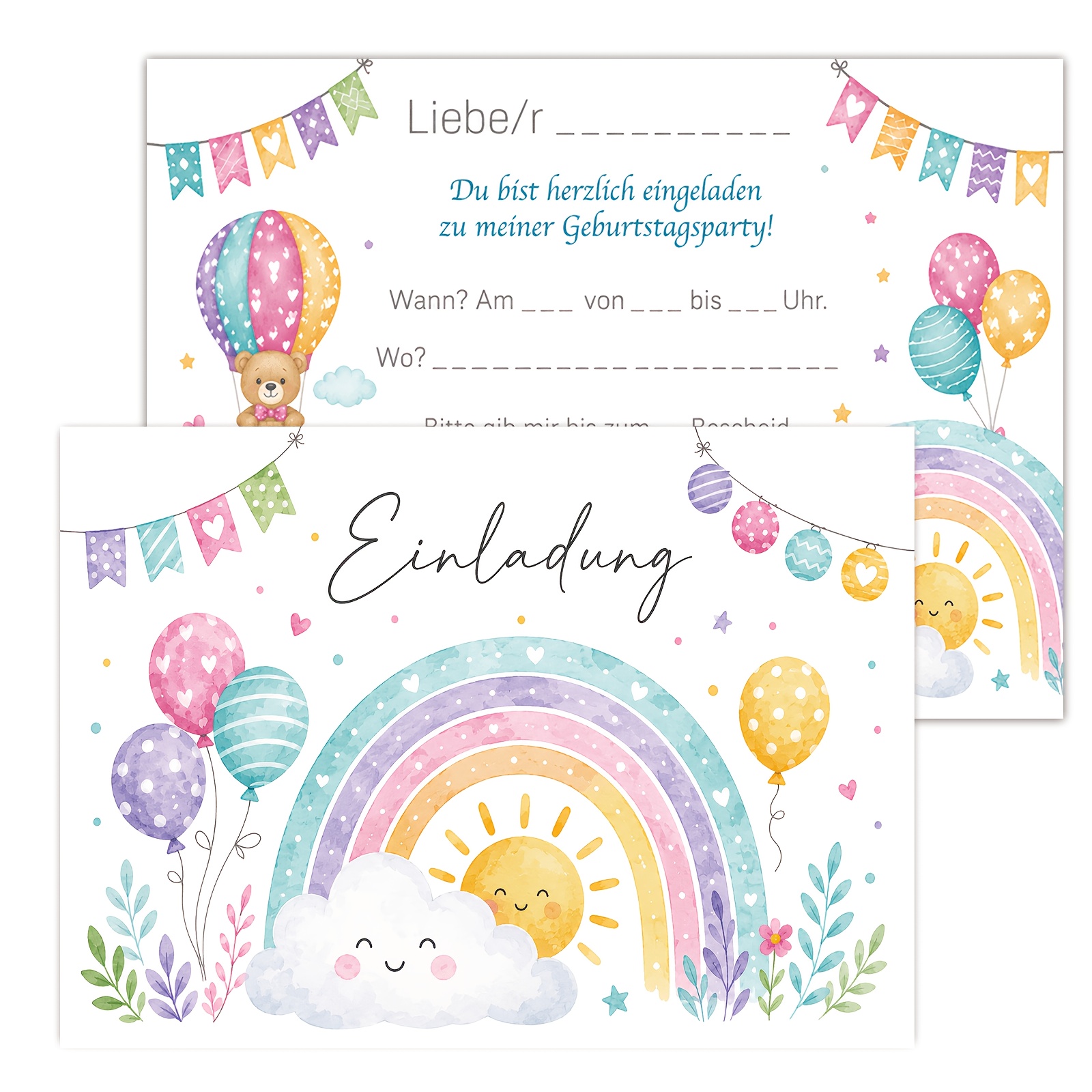 Image of 12pcs Rainbow-themed Invitation Cards With Rainbow And Balloon Patterns, Suitable For Birthday Parties, Theme Parties, School Activities Gatherings