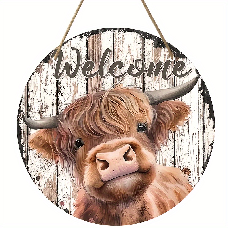 

Highland Cow Wreath Sign Round Wooden Welcome Plaque For Door, Multipurpose Wall Hanging Decor For Home, Room, Restaurant, Bar, Cafe, Garage - English Language
