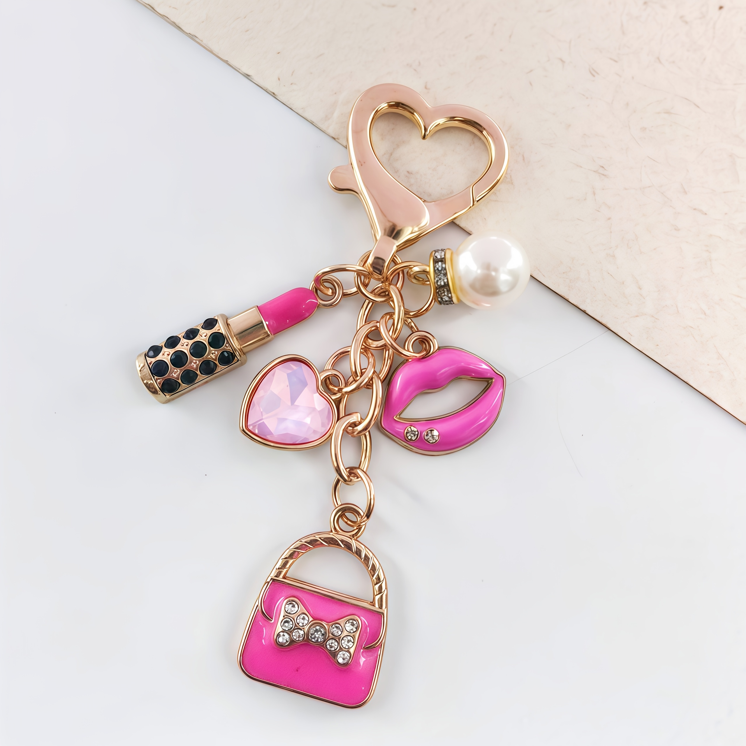 TEMU Fashionable Cute Pink Keychain, Heart Lobster Clasp Bag Charm, Featuring Lipstick, Lips, Handbag, Pearl And Crystal Heart, Women's Fashion Style