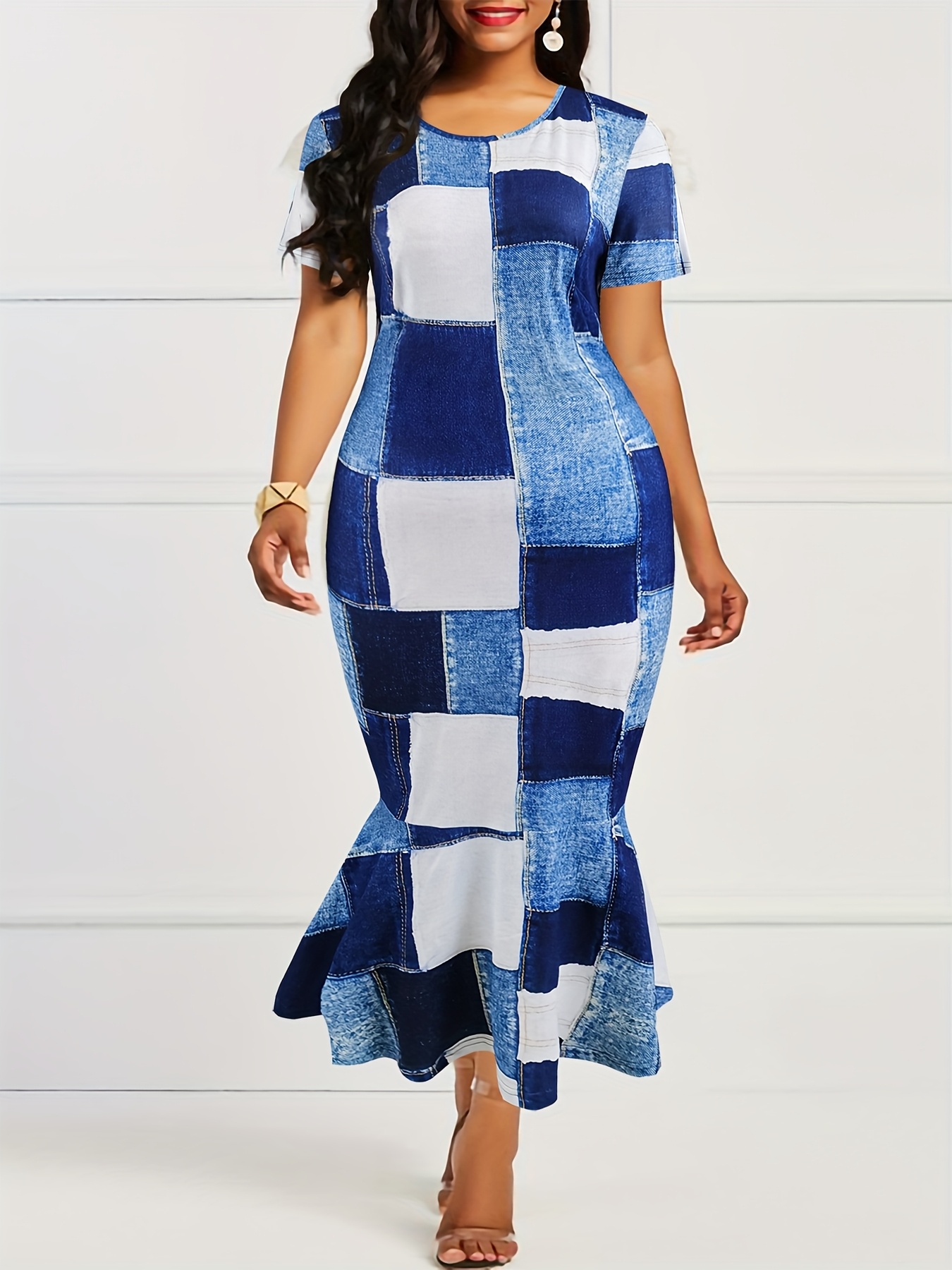 Plus Size, [Printed Pants - Not Denim Fabric] Plus Size Women's Imitation  Denim Long Mermaid Spring Summer Short Sleeve Dress