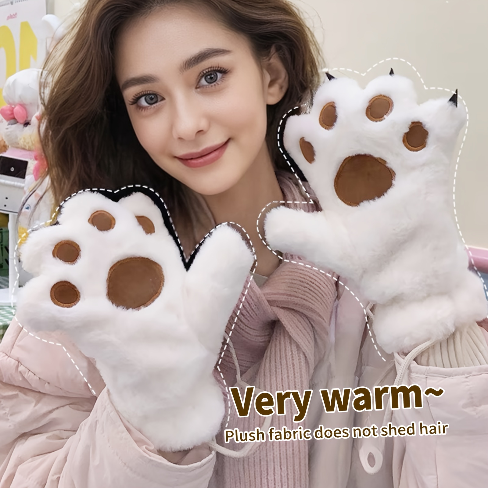 

Cute Cat Paw Furry Gloves, Windproof Warm Plush Gloves, Used For Cycling, Skiing, And Outdoor Sports