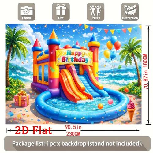 2d - 2d - 1 de inflable con temática de playa tropical con deslizaderos coloridos, , , globos, de regalo y de helado, letrero de , disponible en múltiples tamaños