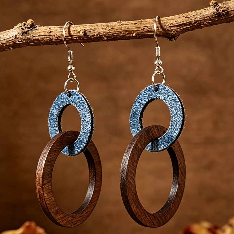 TEMU A Pair Of Bohemian-style Denim And Brown Wooden Hollow Round Grid Double Hoop Earrings