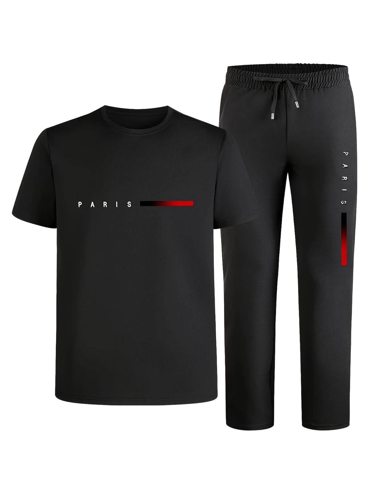 mens casual sports two piece set short sleeve top straight leg pants with paris print fashionable and trendy ideal for summer parties casual and everyday wear short sleeve top print trousers details 32